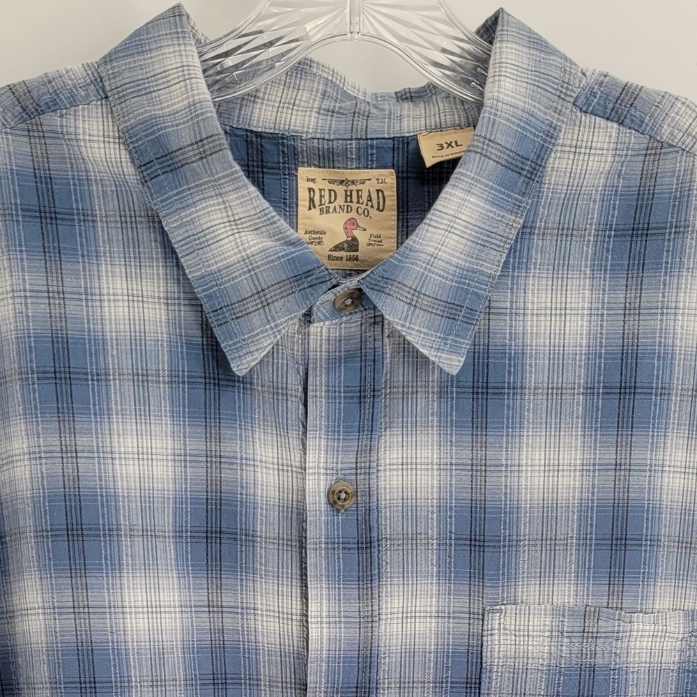 Red Head Button Down Shirt Mens 3XL Blue Plaid Short Sleeve 100%‎ Cotton Vented